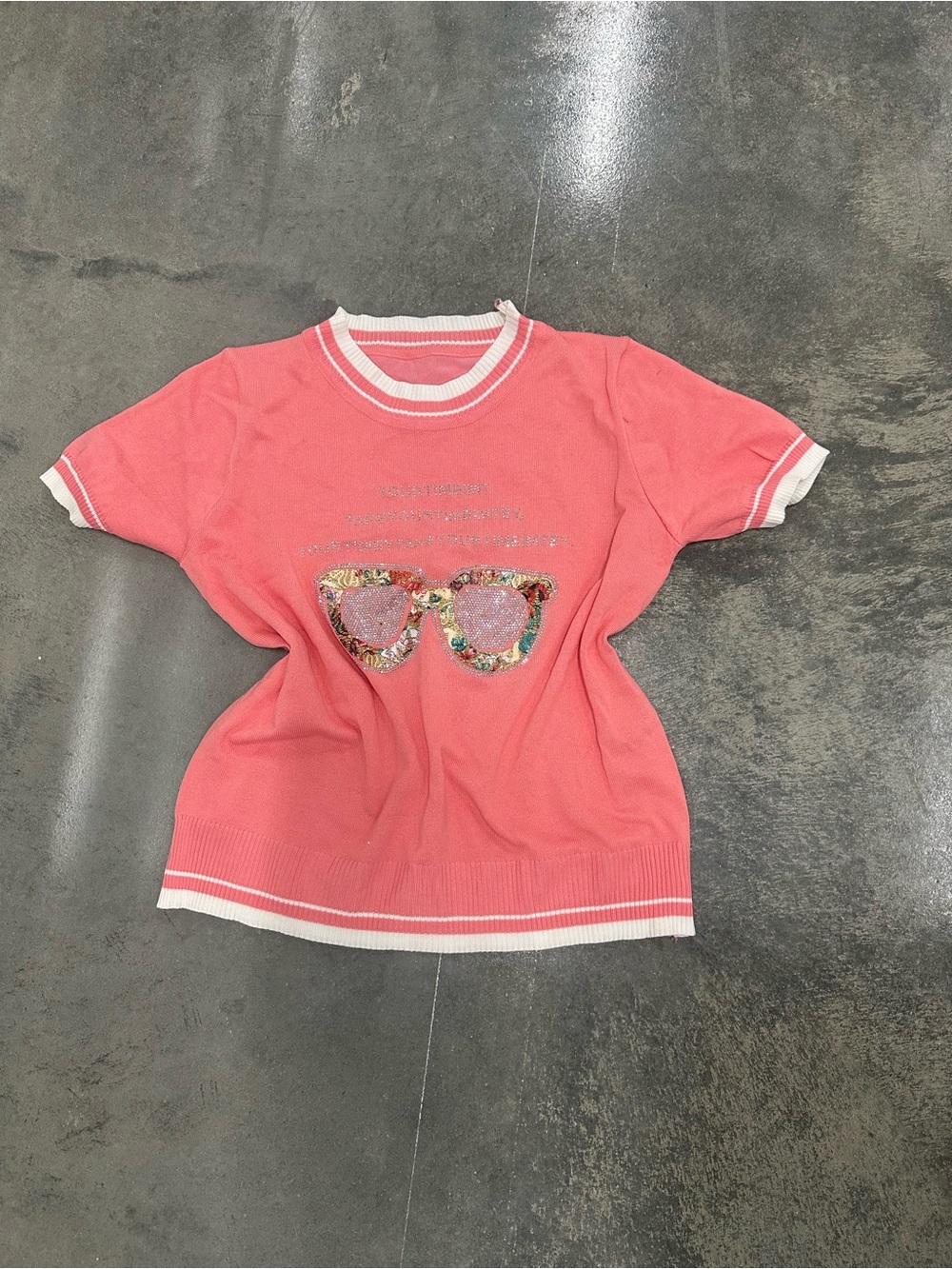 Coral Short-Sleeve Knit Top with Embellished Sunglasses